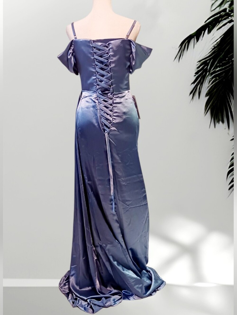 Elegant Blue Off-Shoulder Satin Evening Gown Ruched Skirt & A Ribbon Tie Back XS - Picture 4 of 7